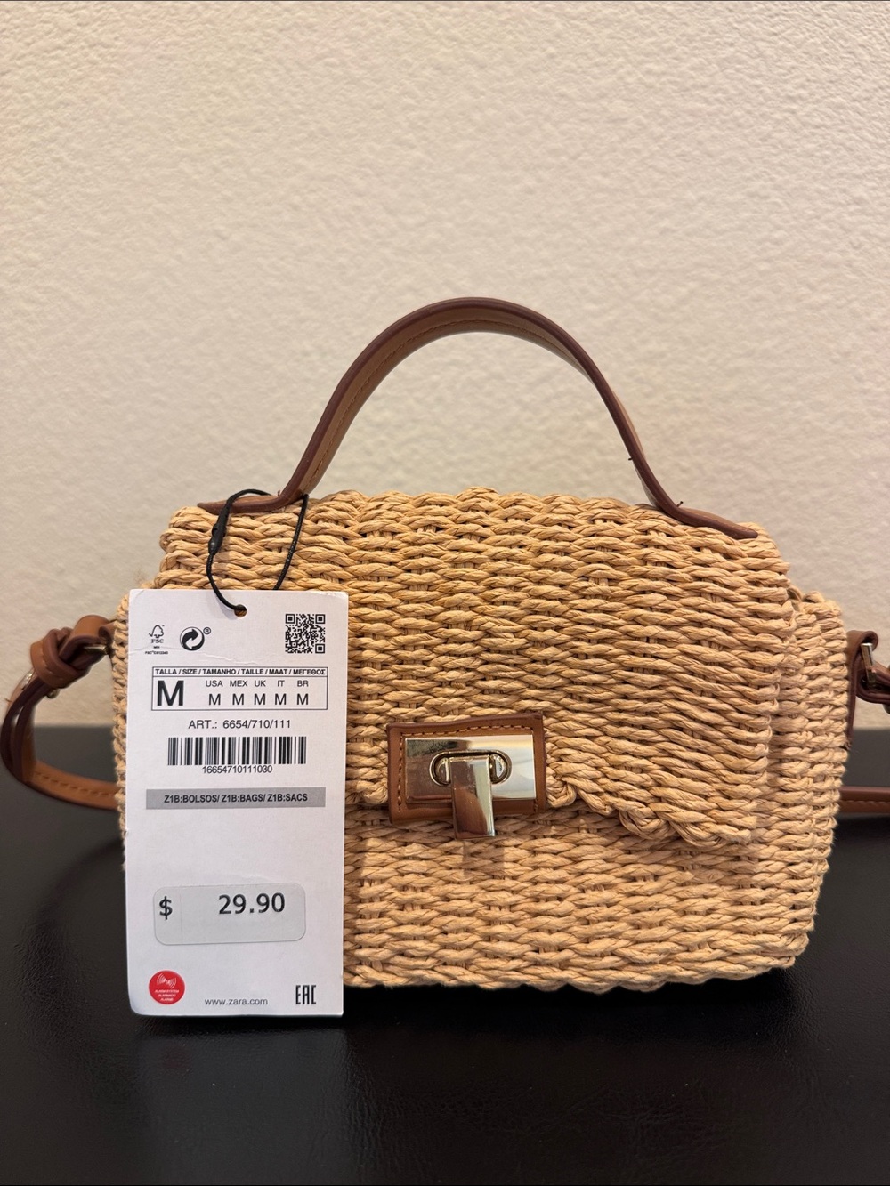 Zara Tan Woven Crossbody Bag with Gold Turn-Lock